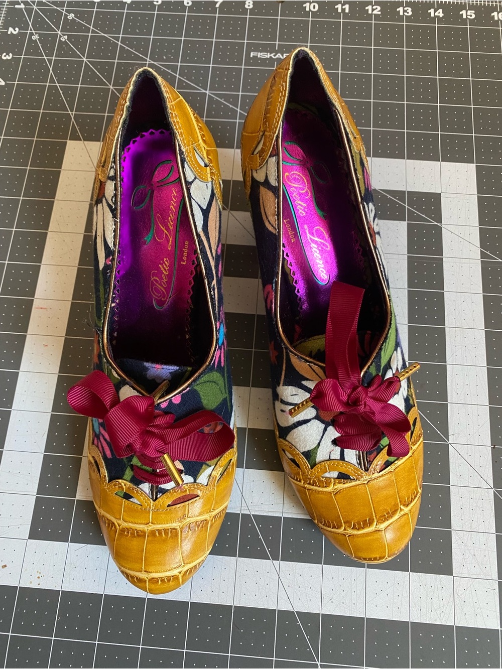 Poetic License Multicolor Pumps with Yellow Croc Toe and Burgundy Ribbon 41/10